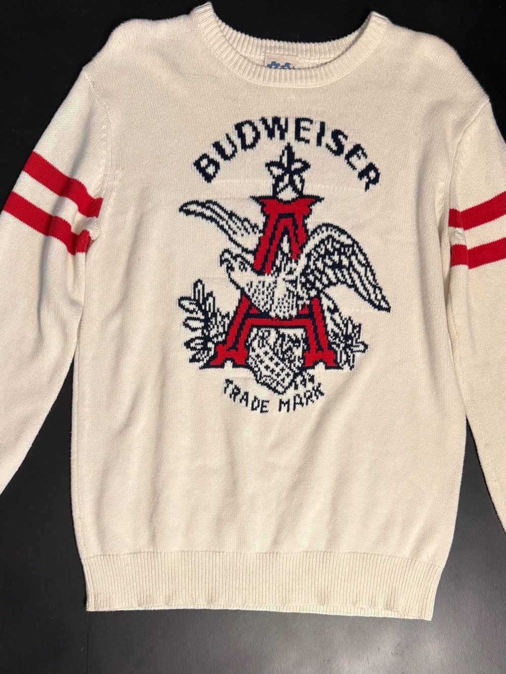 Budweiser Cream Crewneck Sweater with Red & Navy Logo